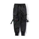 Men Ribbons Color Block Black Pocket Cargo Pants